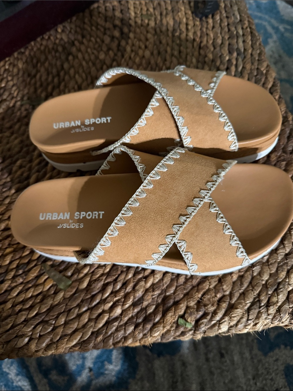 J/SLIDES Urban Sport Tan Cross-Strap Slide Sandals with Contrast Stitch